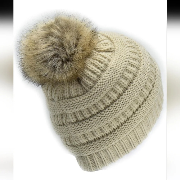 C.C Fuzzy Sherpa Fleece Lined Warm Soft Stretch Cable Knit Ribbed Beanie Beige - Picture 2 of 5
